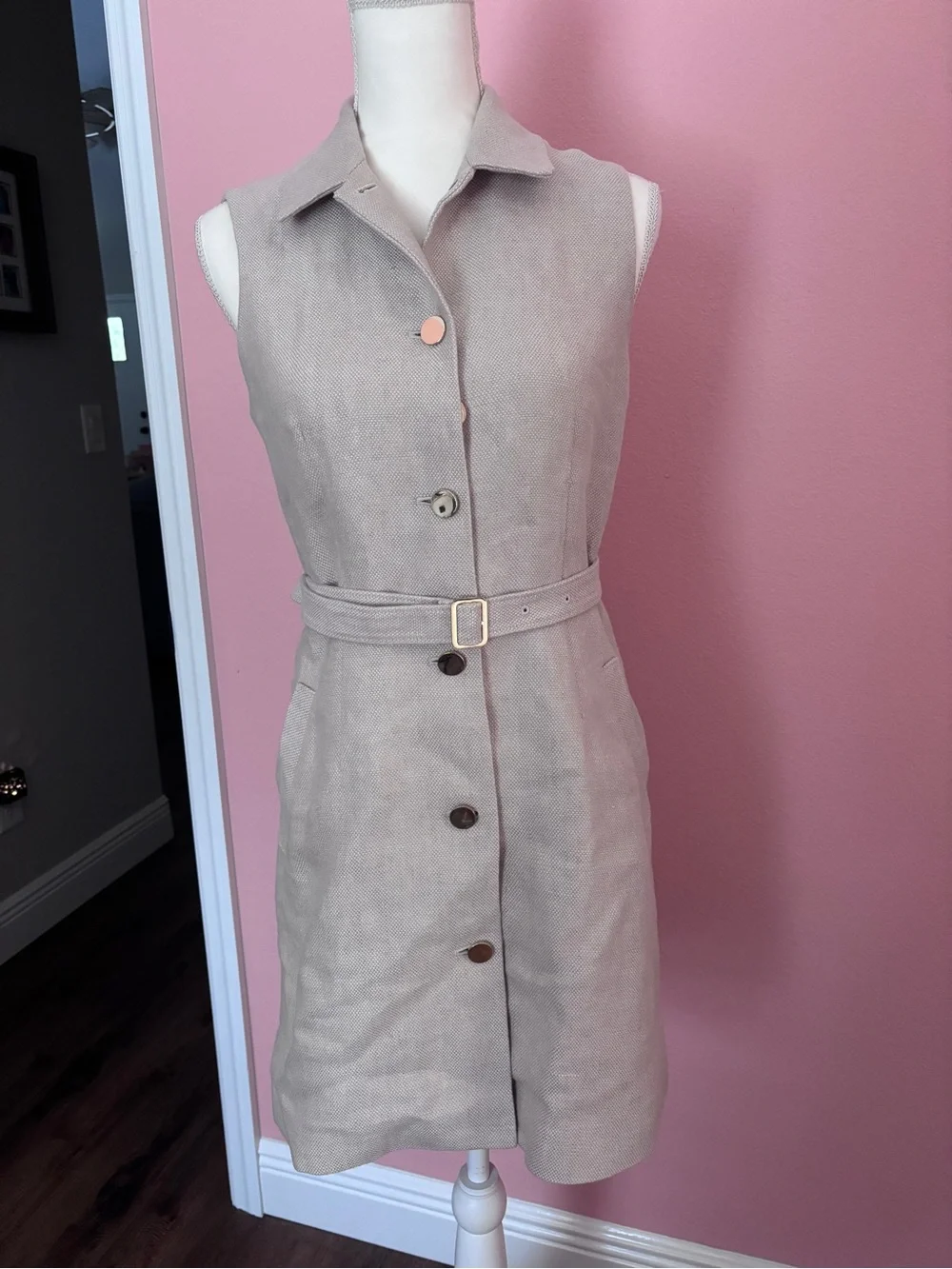 Theory Linen Blend Military Sleeveless Belted Mini Dress in Taupe - Picture 1 of 7